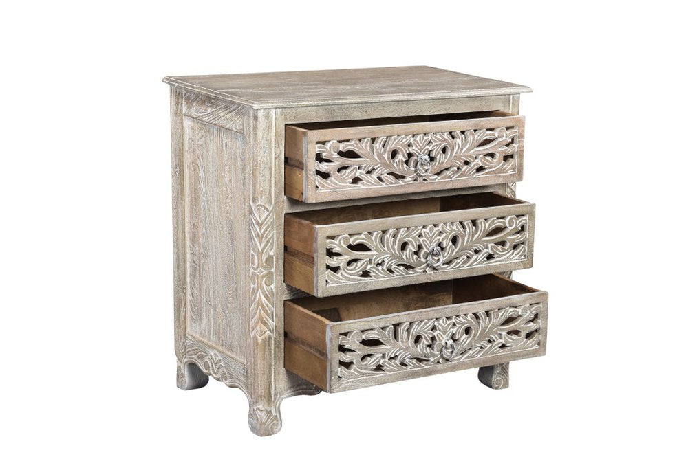 30" Distressed Gray Three Drawer Floral Carved Solid Wood Nightstand — view 3