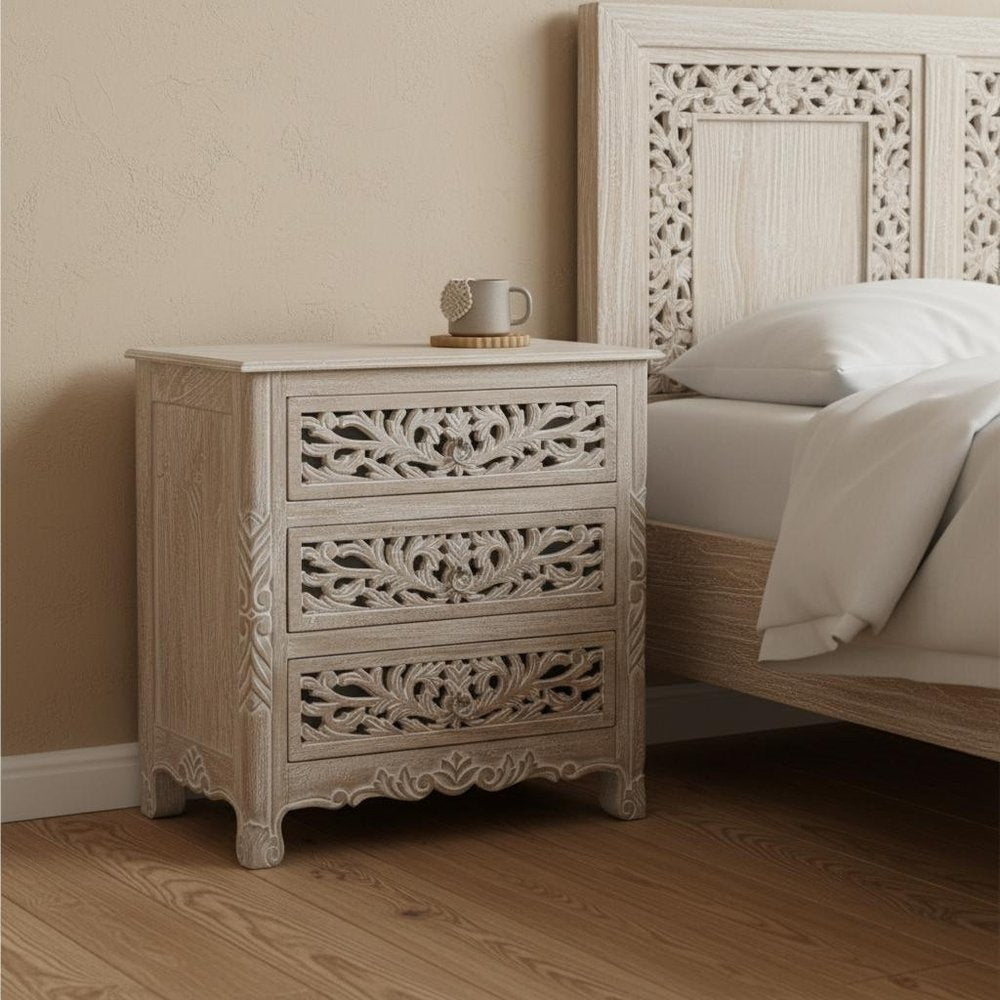 30" Distressed Gray Three Drawer Floral Carved Solid Wood Nightstand HomeRoots