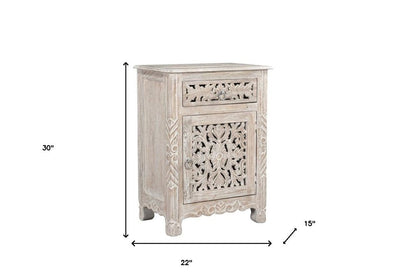 30" Distressed White One Drawer Carved Floral Solid Wood Nightstand HomeRoots