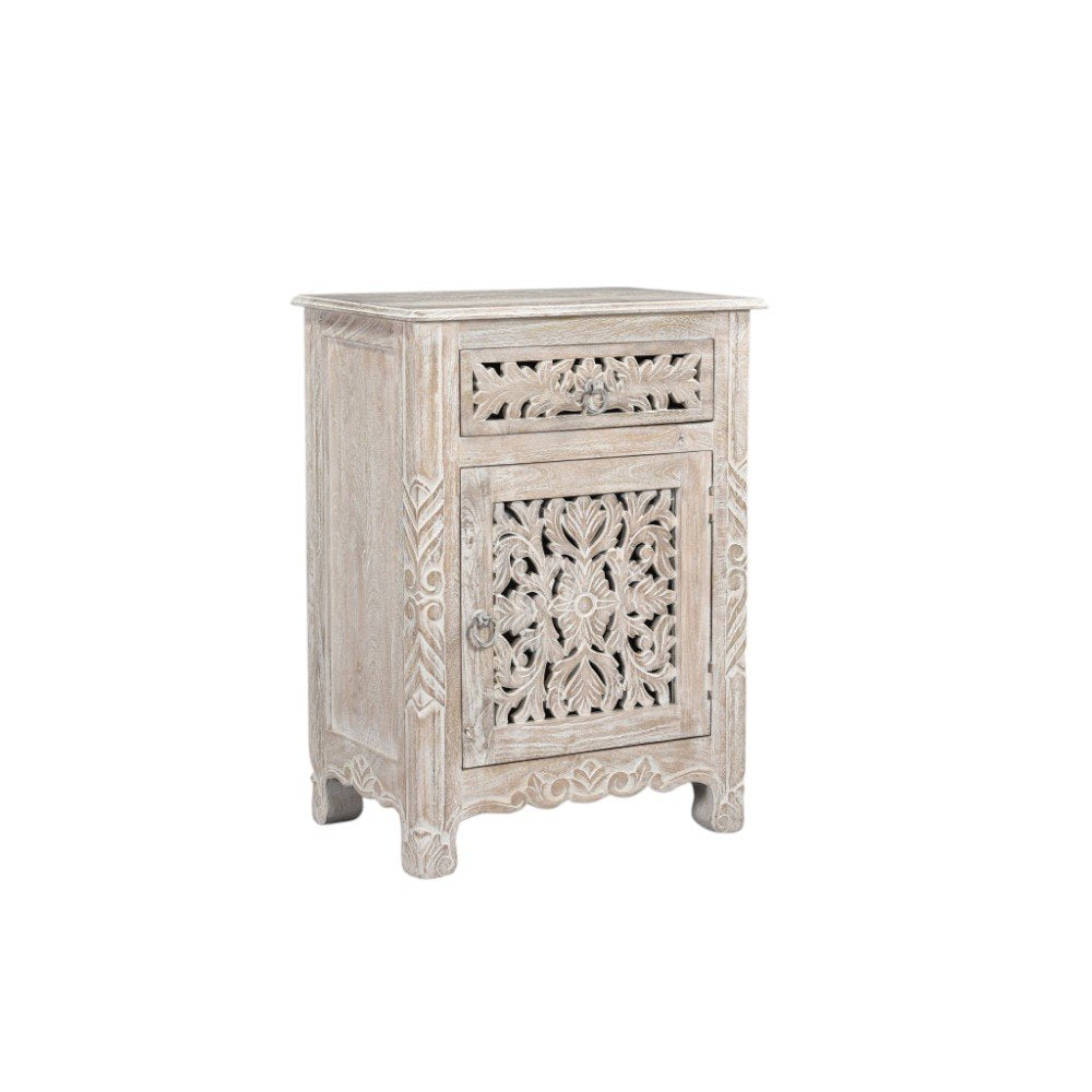 30" Distressed White One Drawer Carved Floral Solid Wood Nightstand HomeRoots