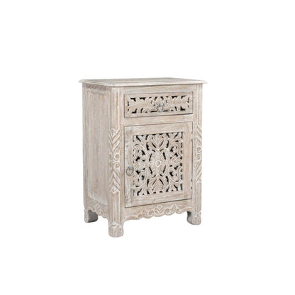 30" Distressed White One Drawer Carved Floral Solid Wood Nightstand HomeRoots