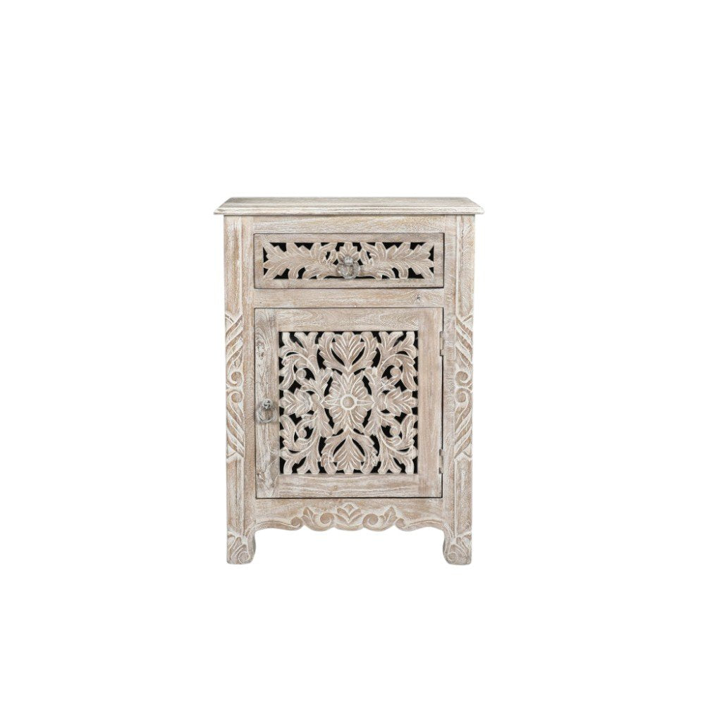 30" Distressed White One Drawer Carved Floral Solid Wood Nightstand HomeRoots