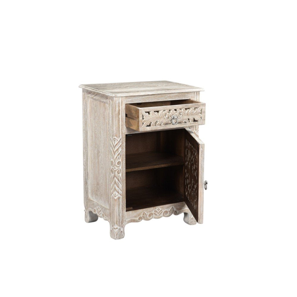30" Distressed White One Drawer Carved Floral Solid Wood Nightstand HomeRoots