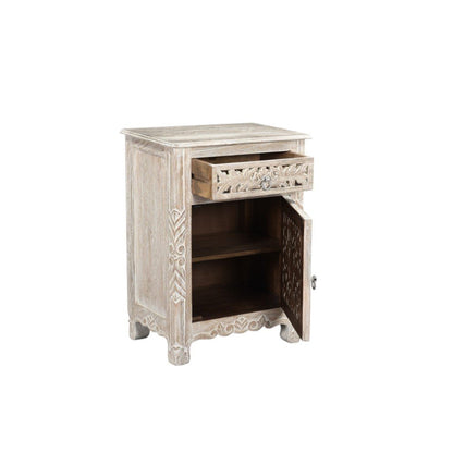 30" Distressed White One Drawer Carved Floral Solid Wood Nightstand HomeRoots