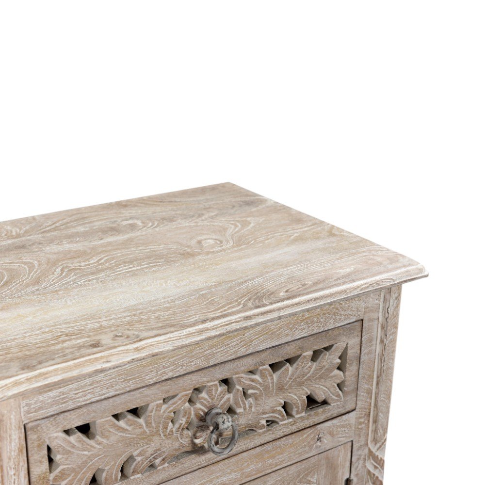 30" Distressed White One Drawer Carved Floral Solid Wood Nightstand HomeRoots