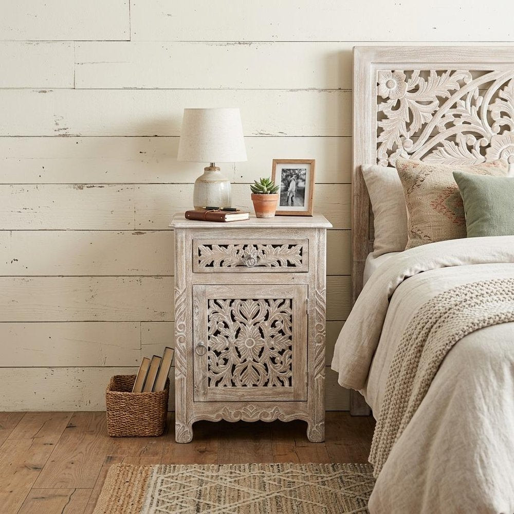 30" Distressed White One Drawer Carved Floral Solid Wood Nightstand HomeRoots
