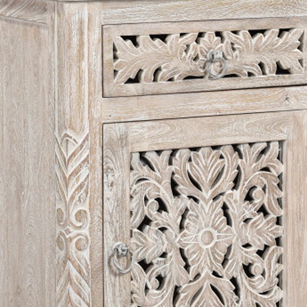 30" Distressed White One Drawer Carved Floral Solid Wood Nightstand — view 2