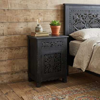30" Black Solid Wood Distressed One Drawer Nightstand