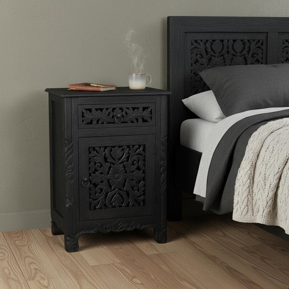30" Black Solid Wood Distressed One Drawer Nightstand HomeRoots