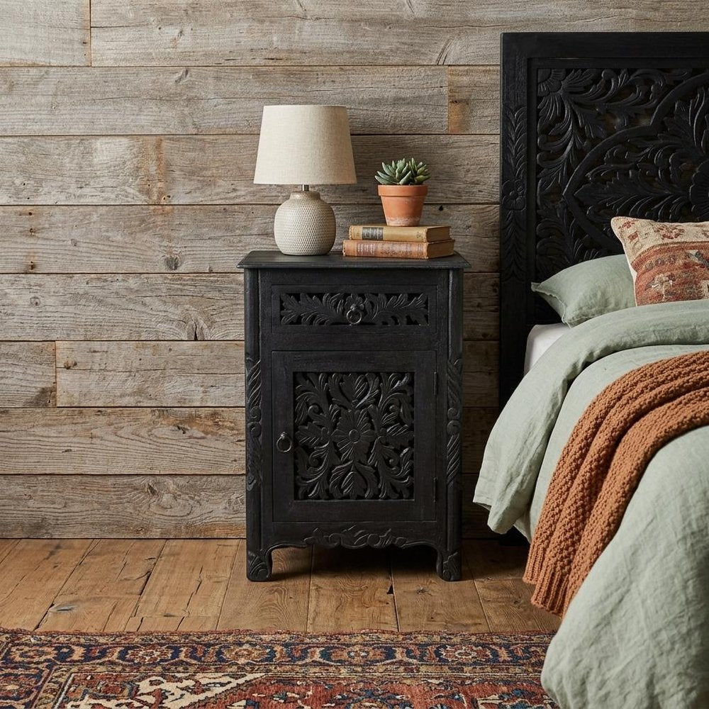 30" Black Solid Wood Distressed One Drawer Nightstand HomeRoots