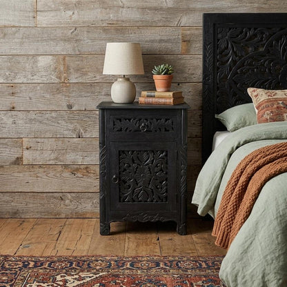 30" Black Solid Wood Distressed One Drawer Nightstand HomeRoots
