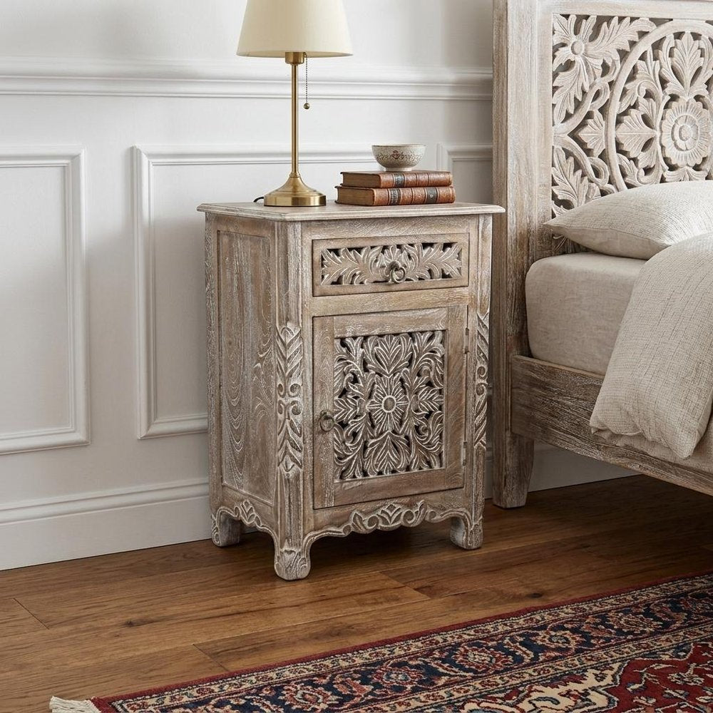30" Gray Solid Wood Distressed One Drawer Nightstand HomeRoots