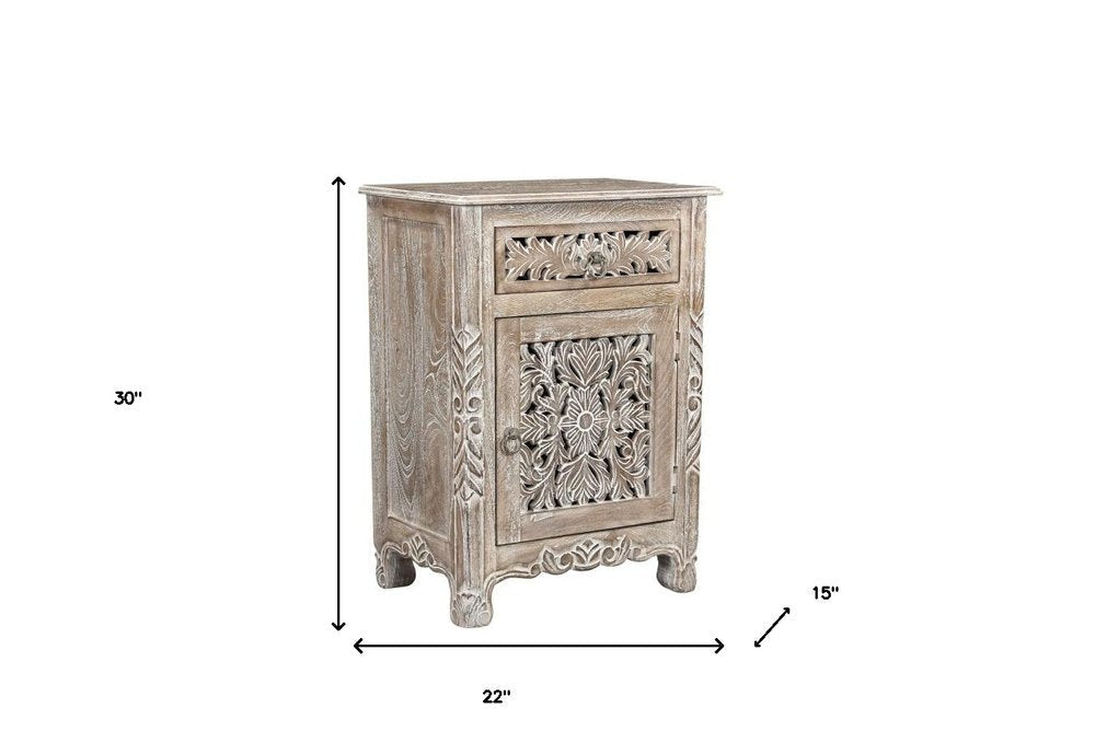 30" Gray Solid Wood Distressed One Drawer Nightstand — view 1