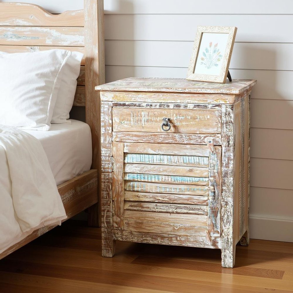 30" White Solid Wood Distressed One Drawer Nightstand — view 6