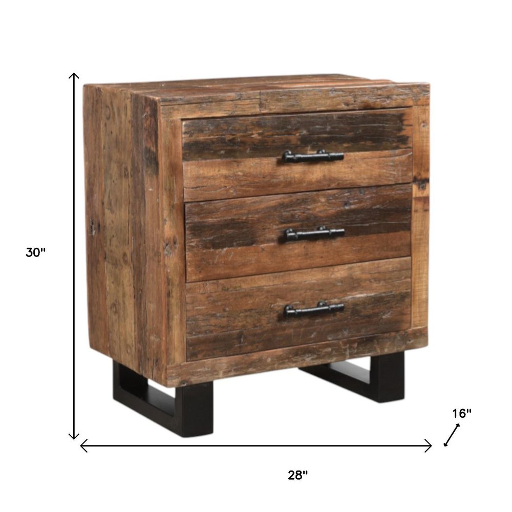 30" Dark Brown Solid Wood Distressed Three Drawer Nightstand — view 9