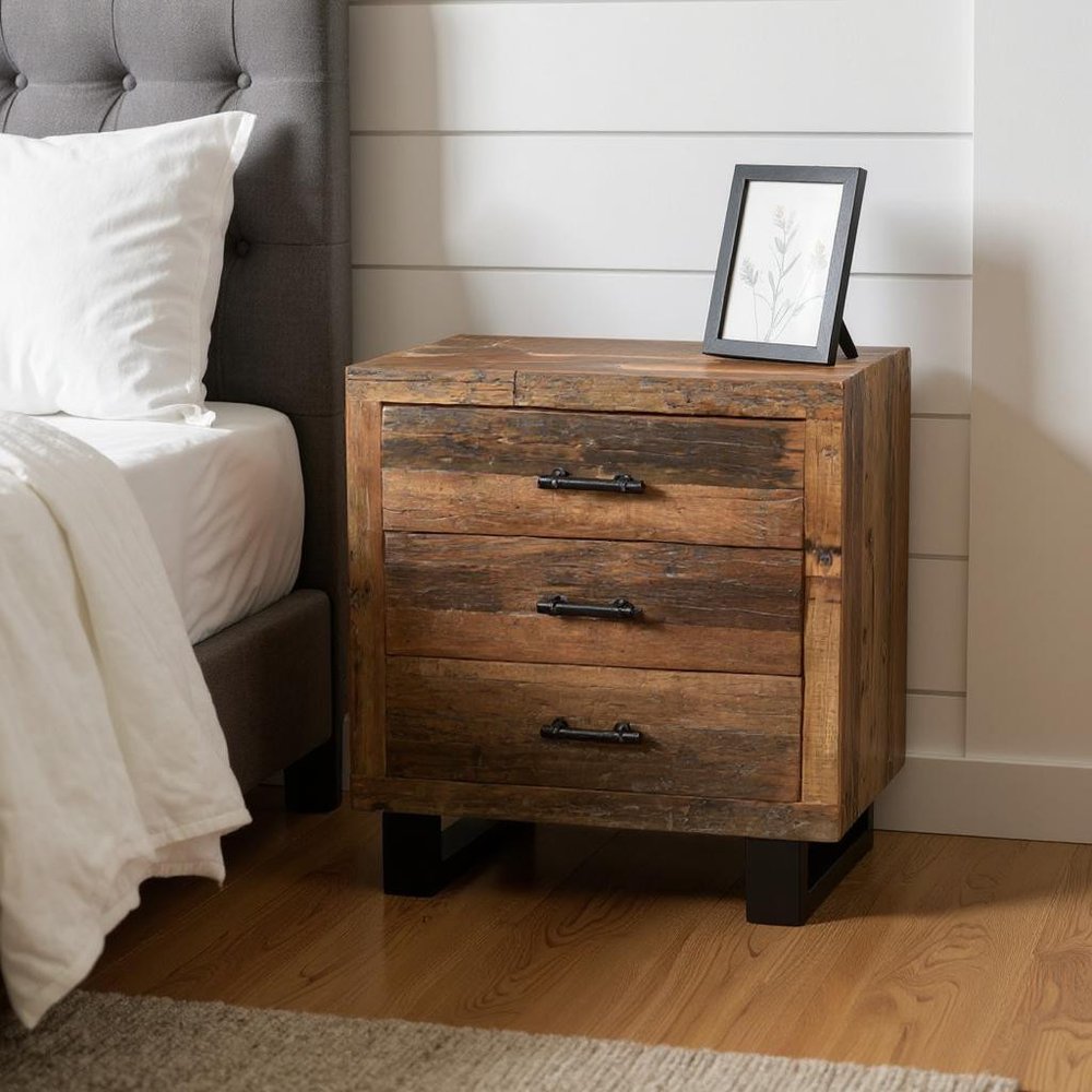 30" Dark Brown Solid Wood Distressed Three Drawer Nightstand HomeRoots