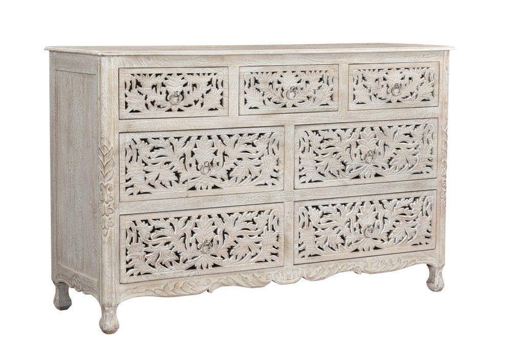 57" White Solid Wood Seven Drawer Dresser HomeRoots