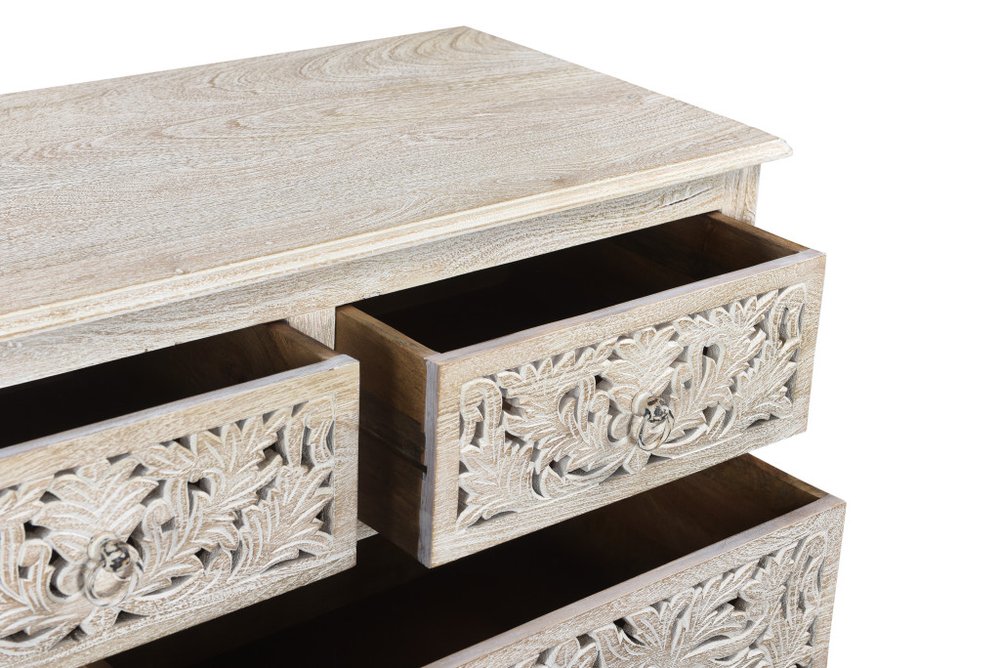 57" White Carved Floral Solid Wood Seven Drawer Double Dresser