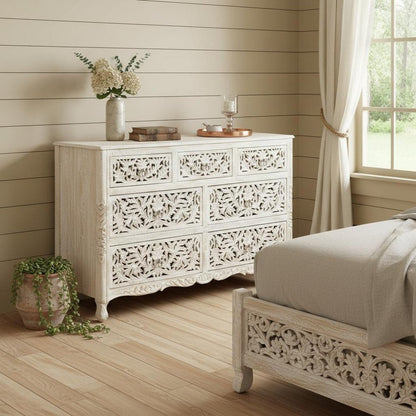 57" White Solid Wood Seven Drawer Dresser HomeRoots