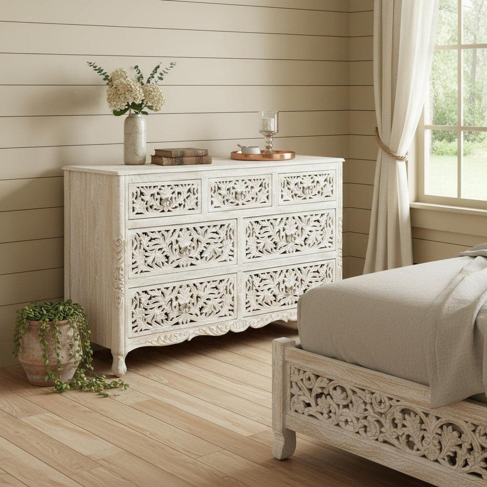 57" White Solid Wood Seven Drawer Dresser HomeRoots