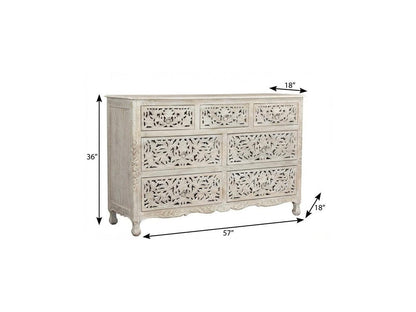 57" White Solid Wood Seven Drawer Dresser HomeRoots
