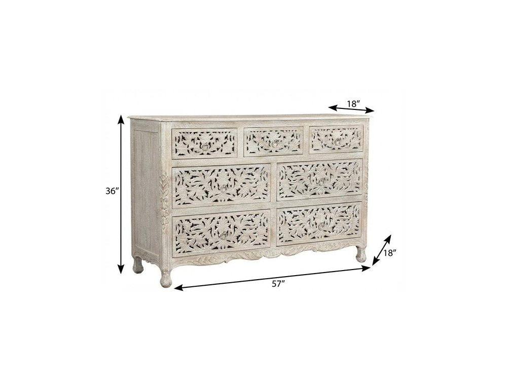57" White Solid Wood Seven Drawer Dresser HomeRoots