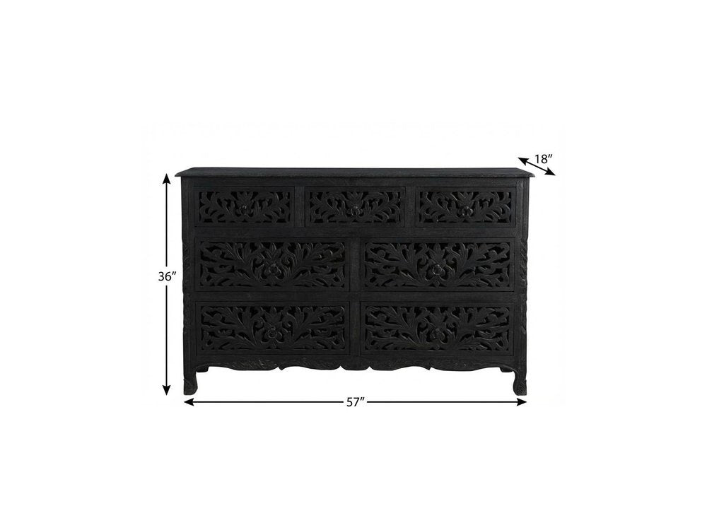 57" Black Solid Wood Seven Drawer Dresser HomeRoots