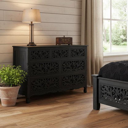 57" Black Solid Wood Seven Drawer Dresser HomeRoots