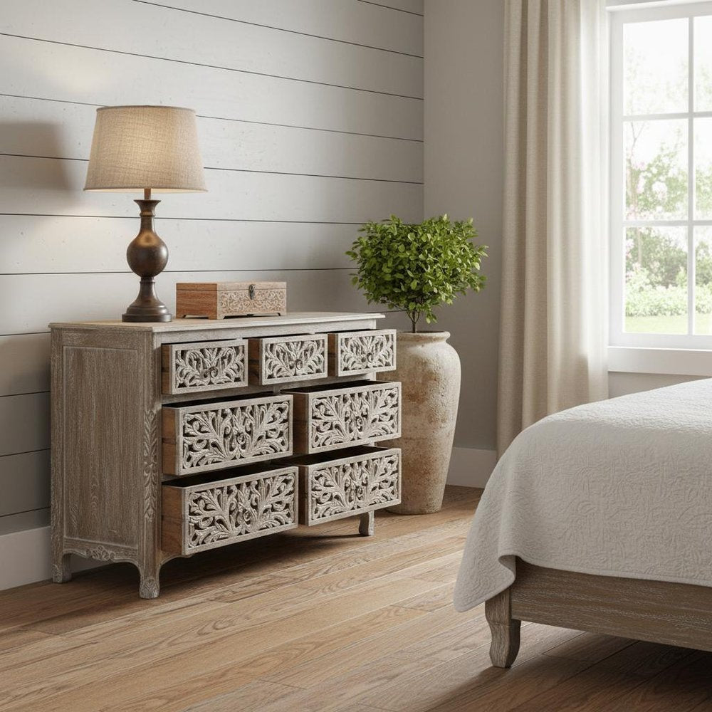 57" Gray Solid Wood Seven Drawer Dresser HomeRoots
