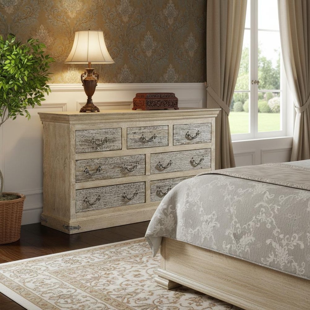64" White Solid Wood Seven Drawer Double Dresser HomeRoots