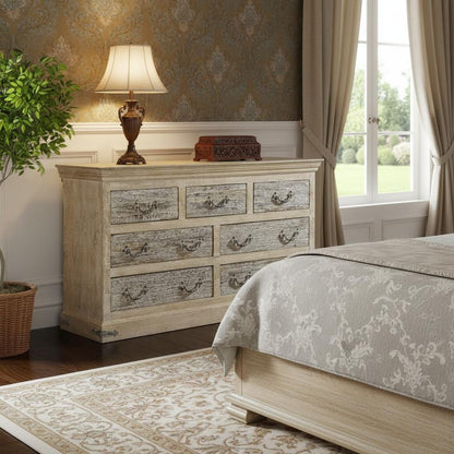 64" White Solid Wood Seven Drawer Double Dresser