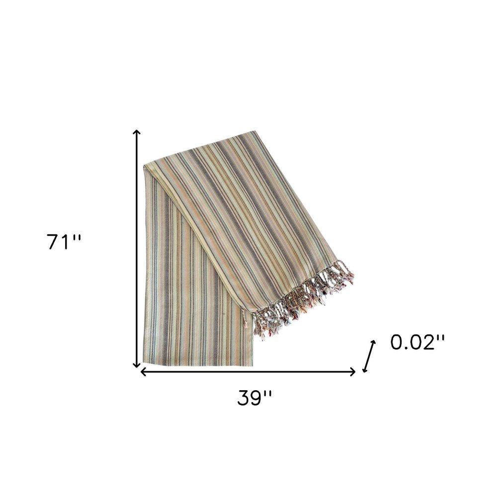 39" X 71" Beige and Pink Cotton Striped Turkish Towel Throw Blanket with Tassels HomeRoots