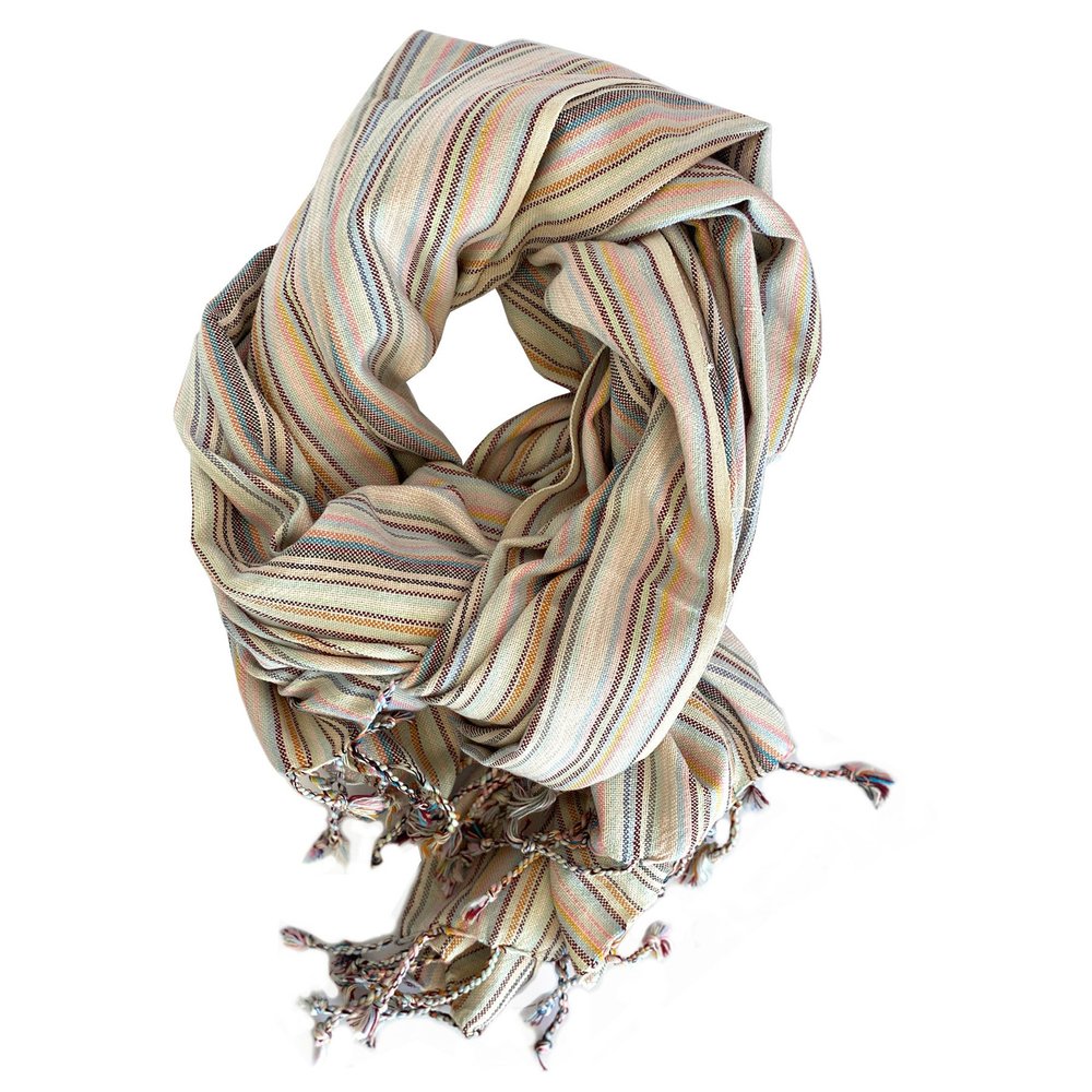 39" X 71" Beige and Pink Cotton Striped Turkish Towel Throw Blanket with Tassels HomeRoots