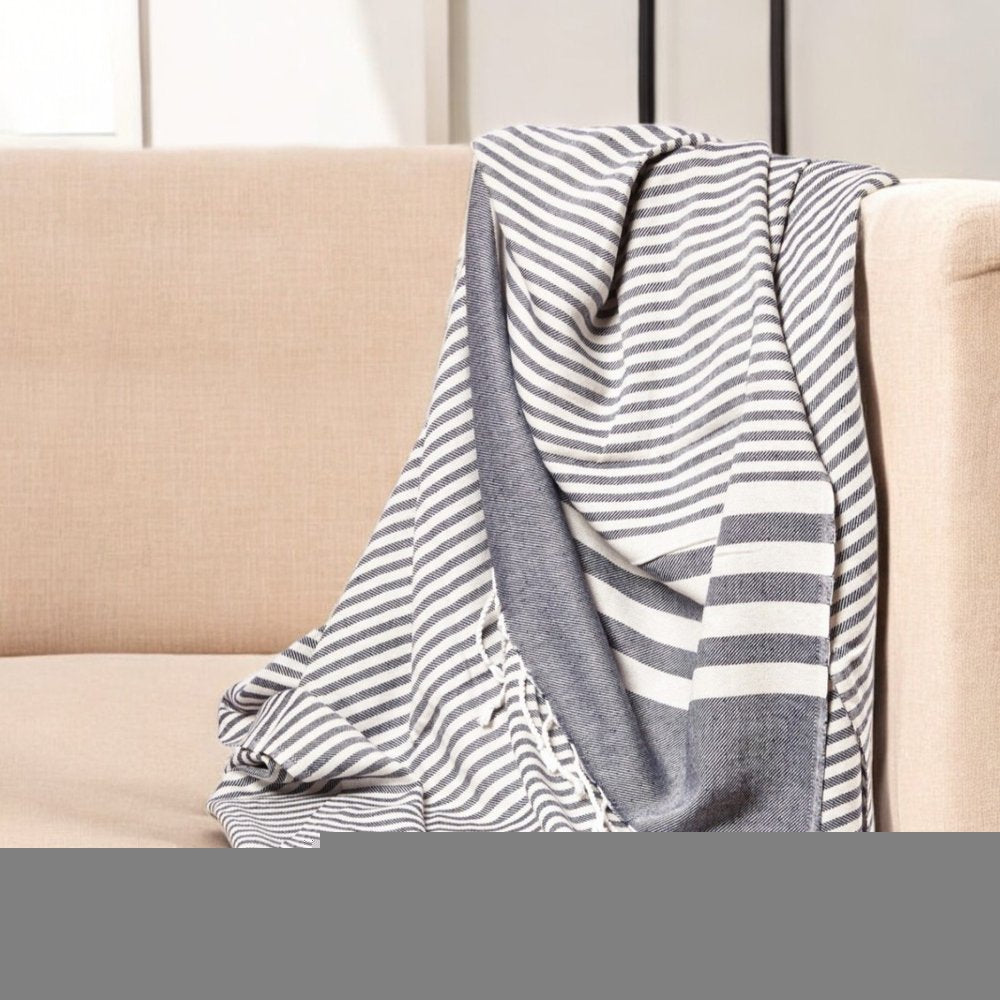 59" X 71" Blue and White Cotton Plain Weave Striped Throw Blanket with Tassels HomeRoots