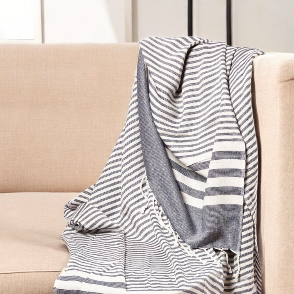 59" X 71" Blue and White Cotton Plain Weave Striped Throw Blanket with Tassels HomeRoots