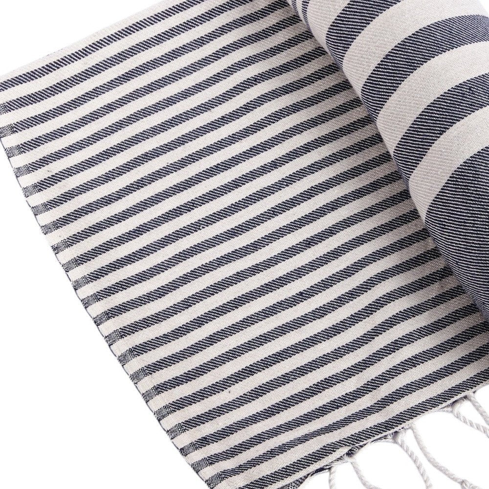 59" X 71" Blue and White Cotton Plain Weave Striped Throw Blanket with Tassels HomeRoots