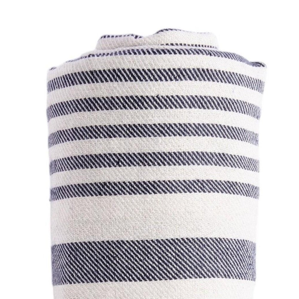 59" X 71" Blue and White Cotton Plain Weave Striped Throw Blanket with Tassels — view 11