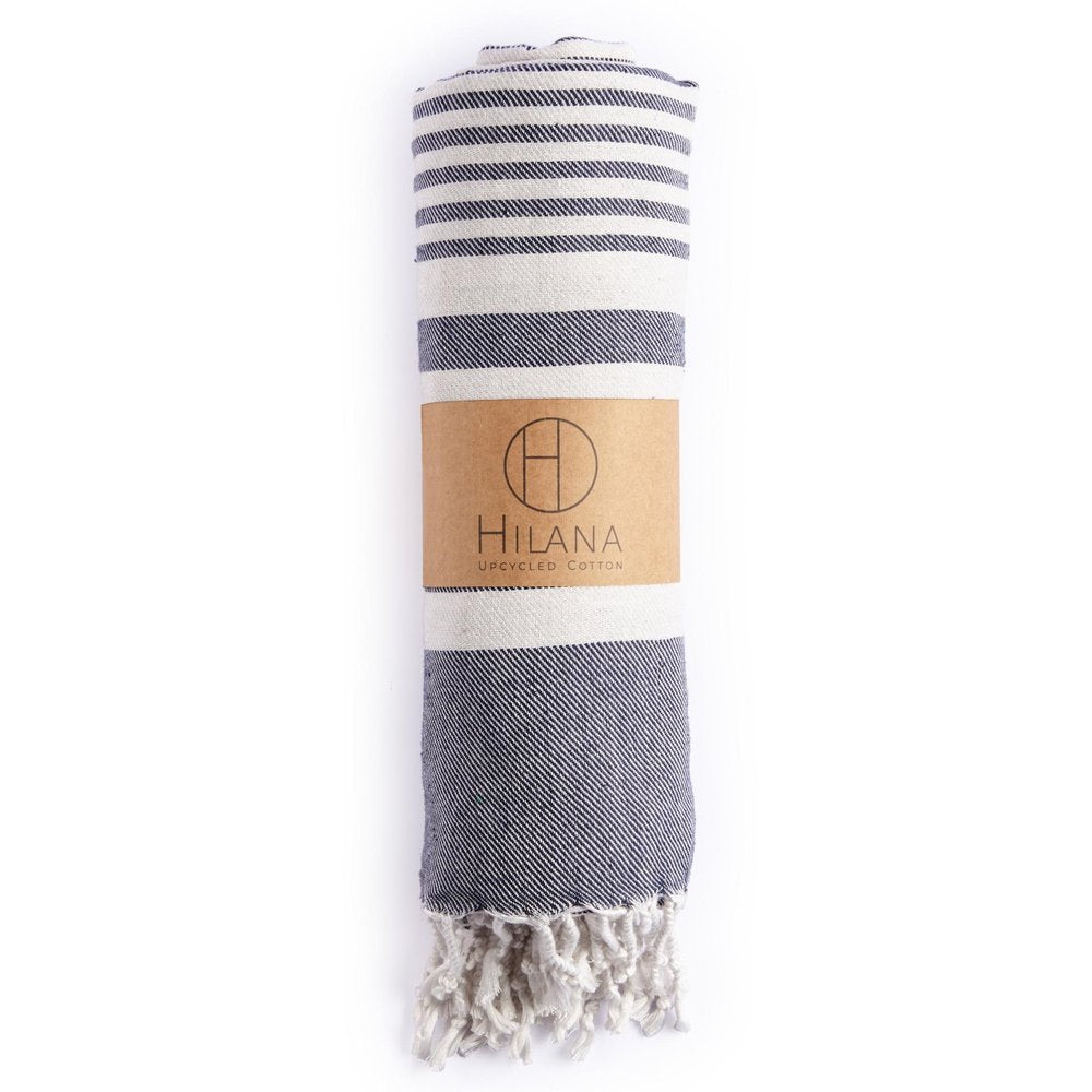 59" X 71" Blue and White Cotton Plain Weave Striped Throw Blanket with Tassels — view 1