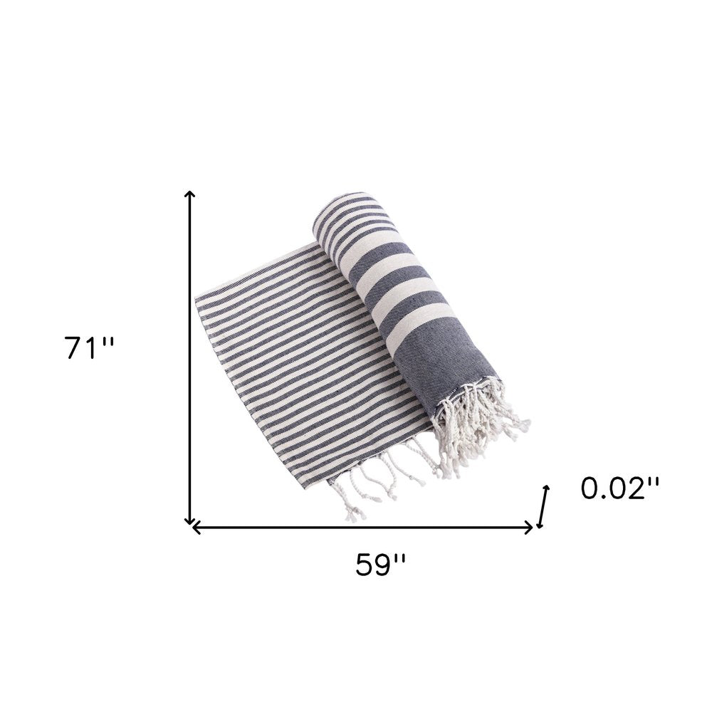 59" X 71" Blue and White Cotton Plain Weave Striped Throw Blanket with Tassels HomeRoots