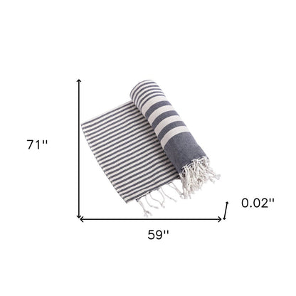 59" X 71" Blue and White Cotton Plain Weave Striped Throw Blanket with Tassels HomeRoots