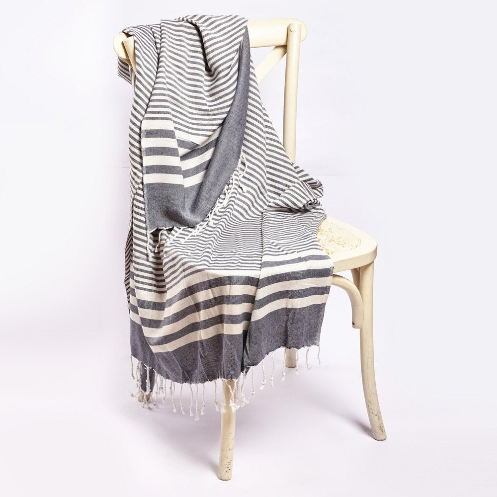 59" X 71" Blue and White Cotton Plain Weave Striped Throw Blanket with Tassels HomeRoots