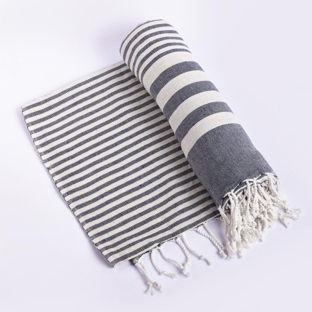 59" X 71" Blue and White Cotton Plain Weave Striped Throw Blanket with Tassels HomeRoots