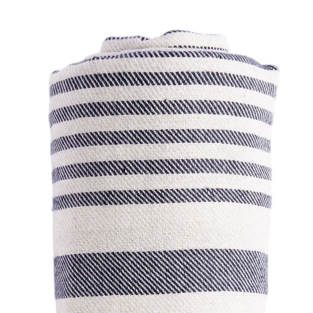 59" X 71" Blue and White Cotton Plain Weave Striped Throw Blanket with Tassels HomeRoots