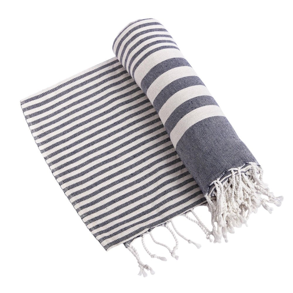 59" X 71" Blue and White Cotton Plain Weave Striped Throw Blanket with Tassels HomeRoots