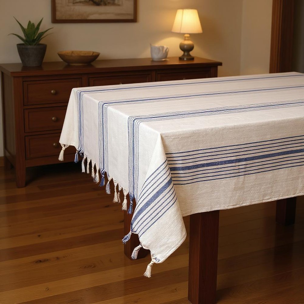 71" x 95" Cream And Blue Striped Cotton Tablecloth And Napkins Set HomeRoots