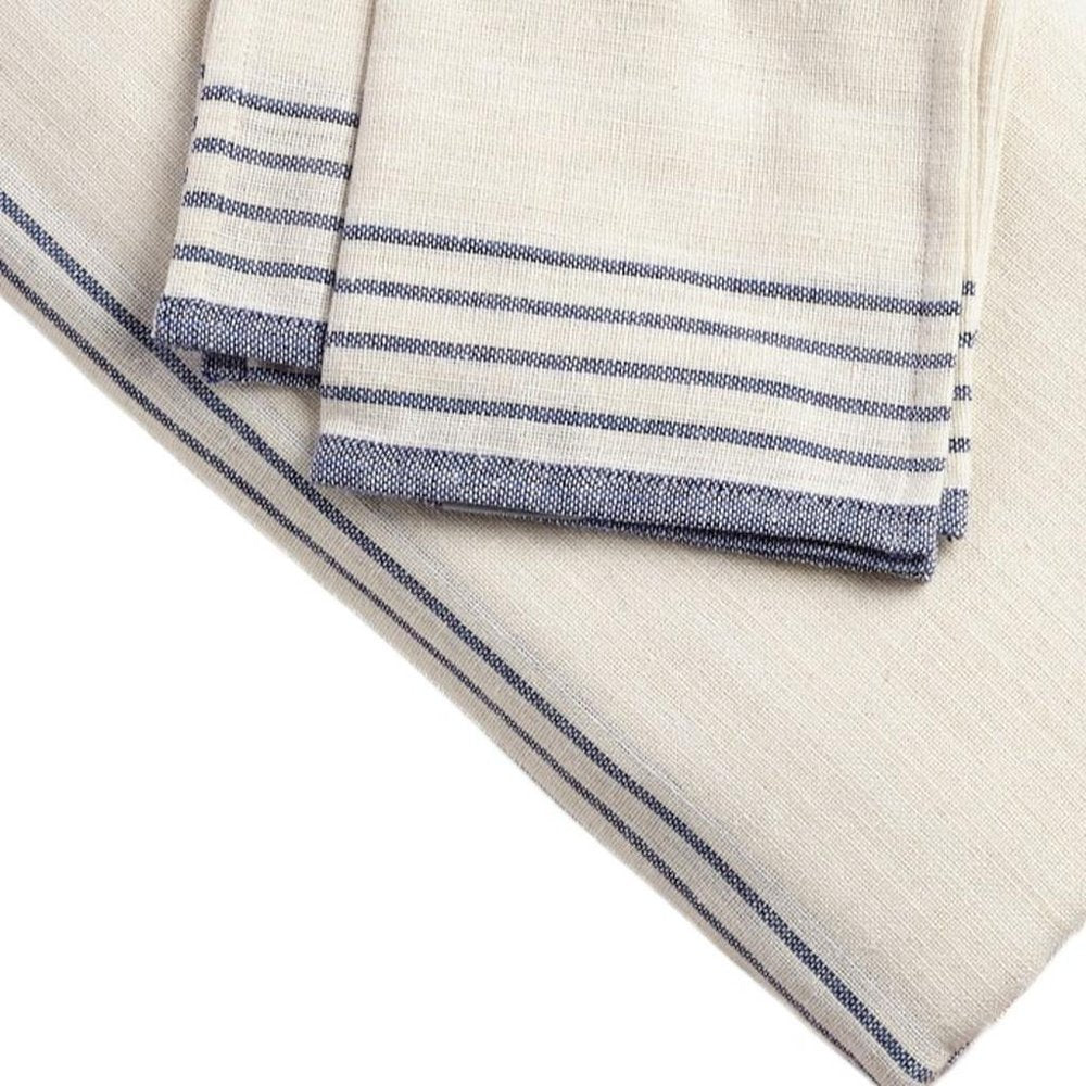 71" x 95" Cream And Blue Striped Cotton Tablecloth And Napkins Set HomeRoots