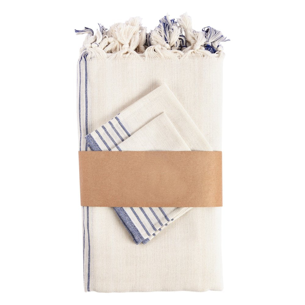 71" x 95" Cream And Blue Striped Cotton Tablecloth And Napkins Set HomeRoots
