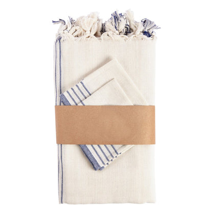 71" x 95" Cream And Blue Striped Cotton Tablecloth And Napkins Set HomeRoots