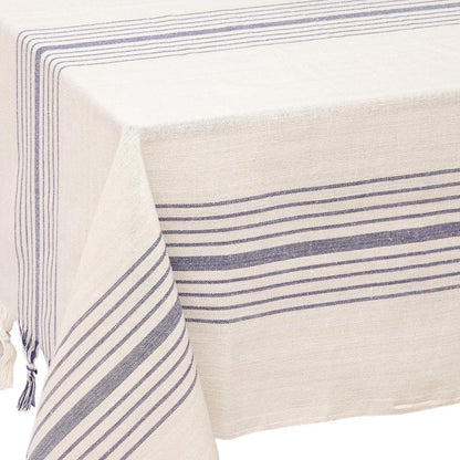 71" x 95" Cream And Blue Striped Cotton Tablecloth And Napkins Set HomeRoots