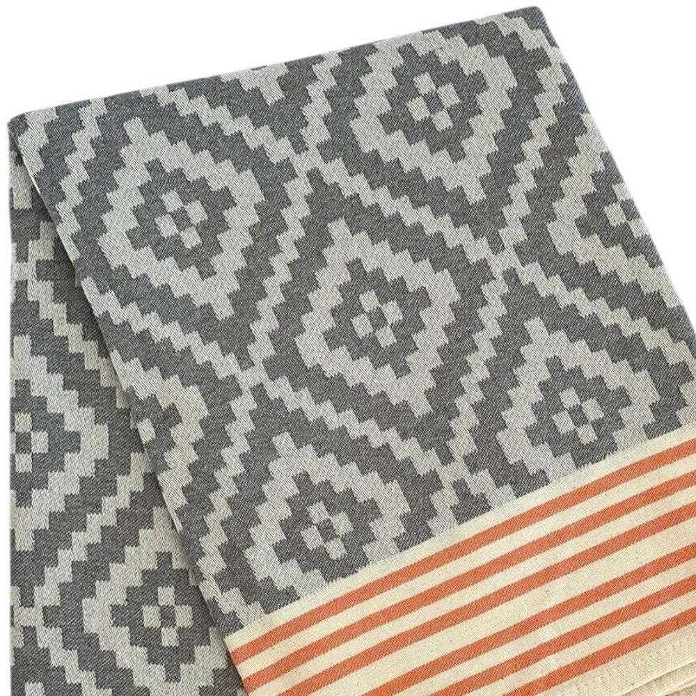 39" X 71" Gray and Orange Cotton Geometric Turkish Towel Throw Blanket with Tassels HomeRoots